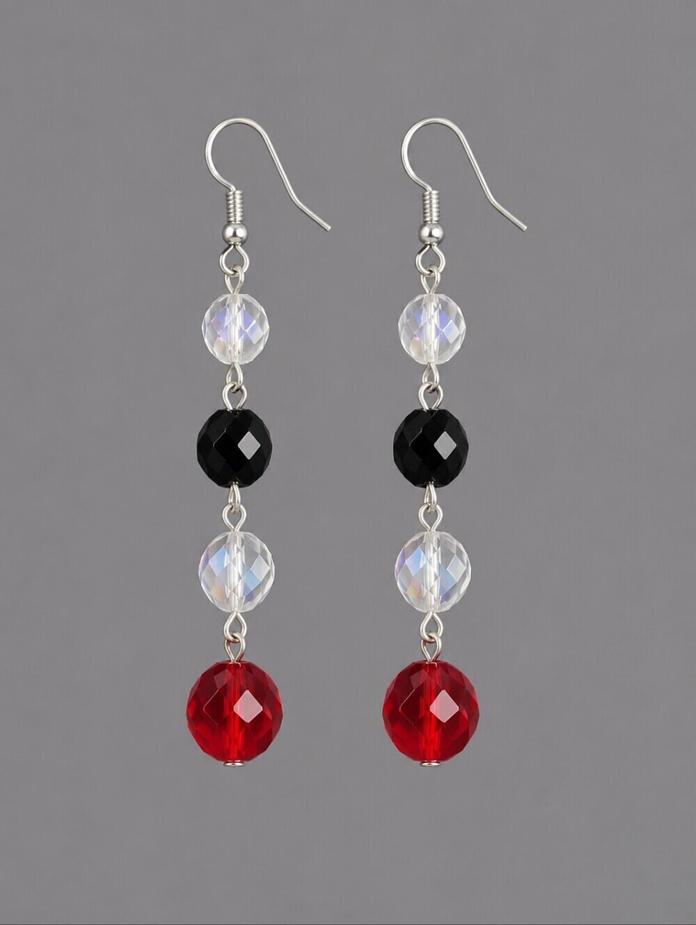 3/$30 HANDMADE Red Black Clear Glass Beaded Long Dangle Hook Earrings
